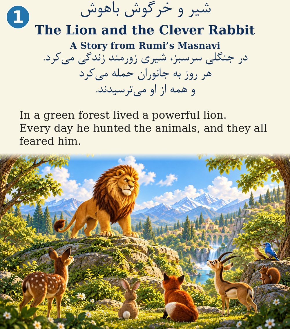 Page 1. The Lion and the Clever Rabbit In a green forest lived a powerful lion. Every day he hunted the animals, and they all feared him.