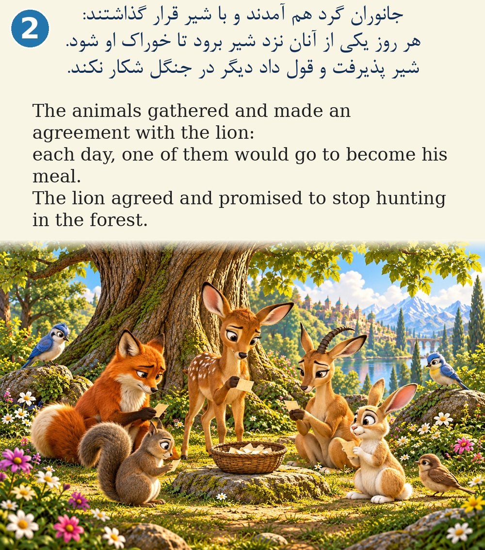 Page 2. The animals gathered and made an agreement with the lion: each day, one of them would go to become his meal. The lion agreed and promised to stop hunting in the forest.