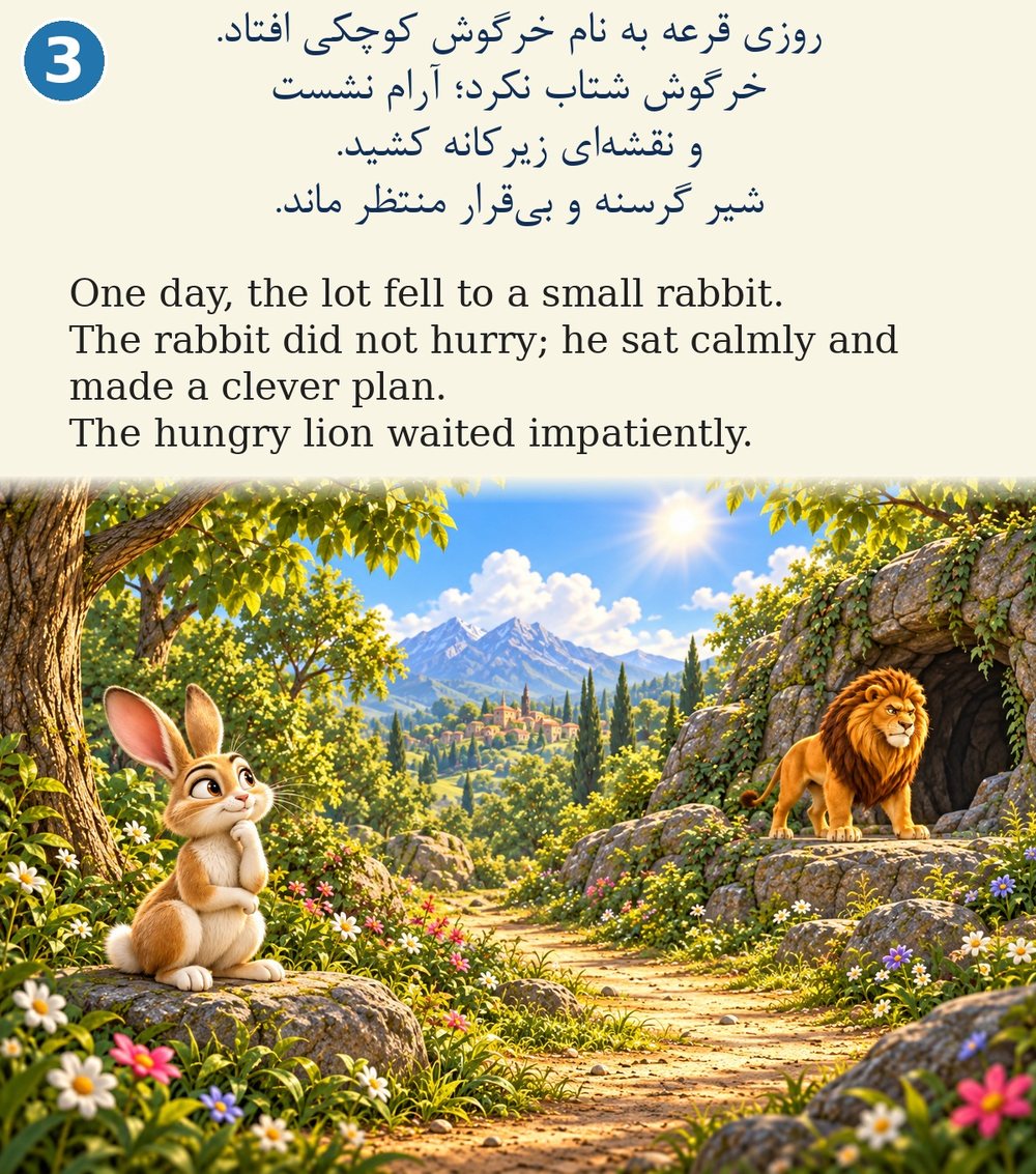 Page 3. One day, the lot fell to a small rabbit. The rabbit did not hurry; he sat calmly and made a clever plan. The hungry lion waited impatiently.