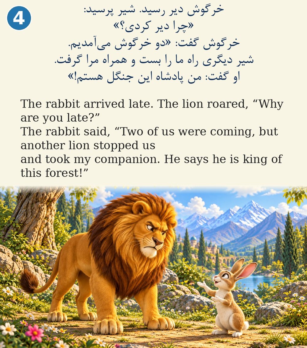 Page 4. The rabbit arrived late. The lion roared, “Why are you late?” The rabbit said, “Two of us were coming, but another lion stopped us and took my companion. He says he is king of this forest!”