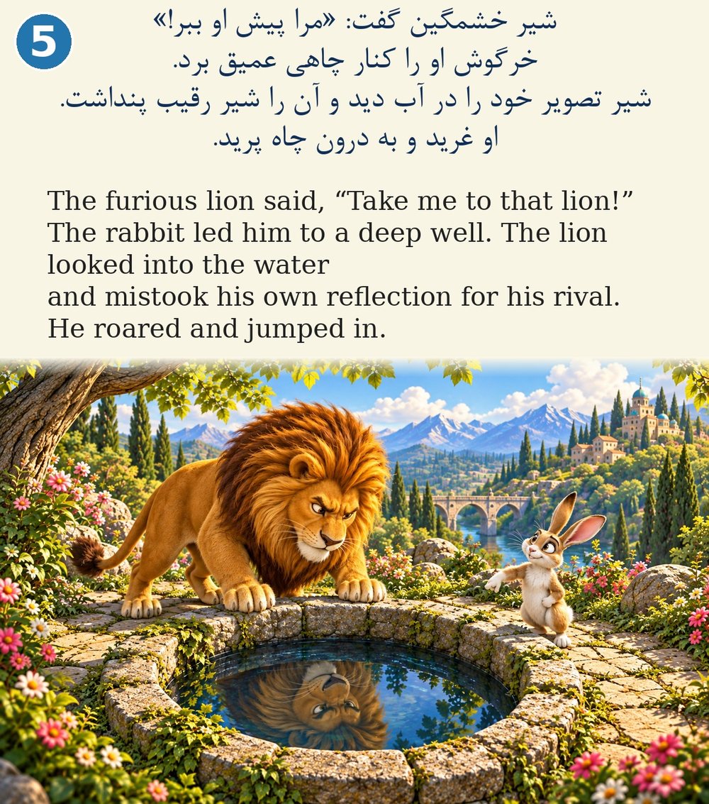Page 5. The furious lion said, “Take me to that lion!” The rabbit led him to a deep well. The lion looked into the water and mistook his own reflection for his rival. He roared and jumped in.