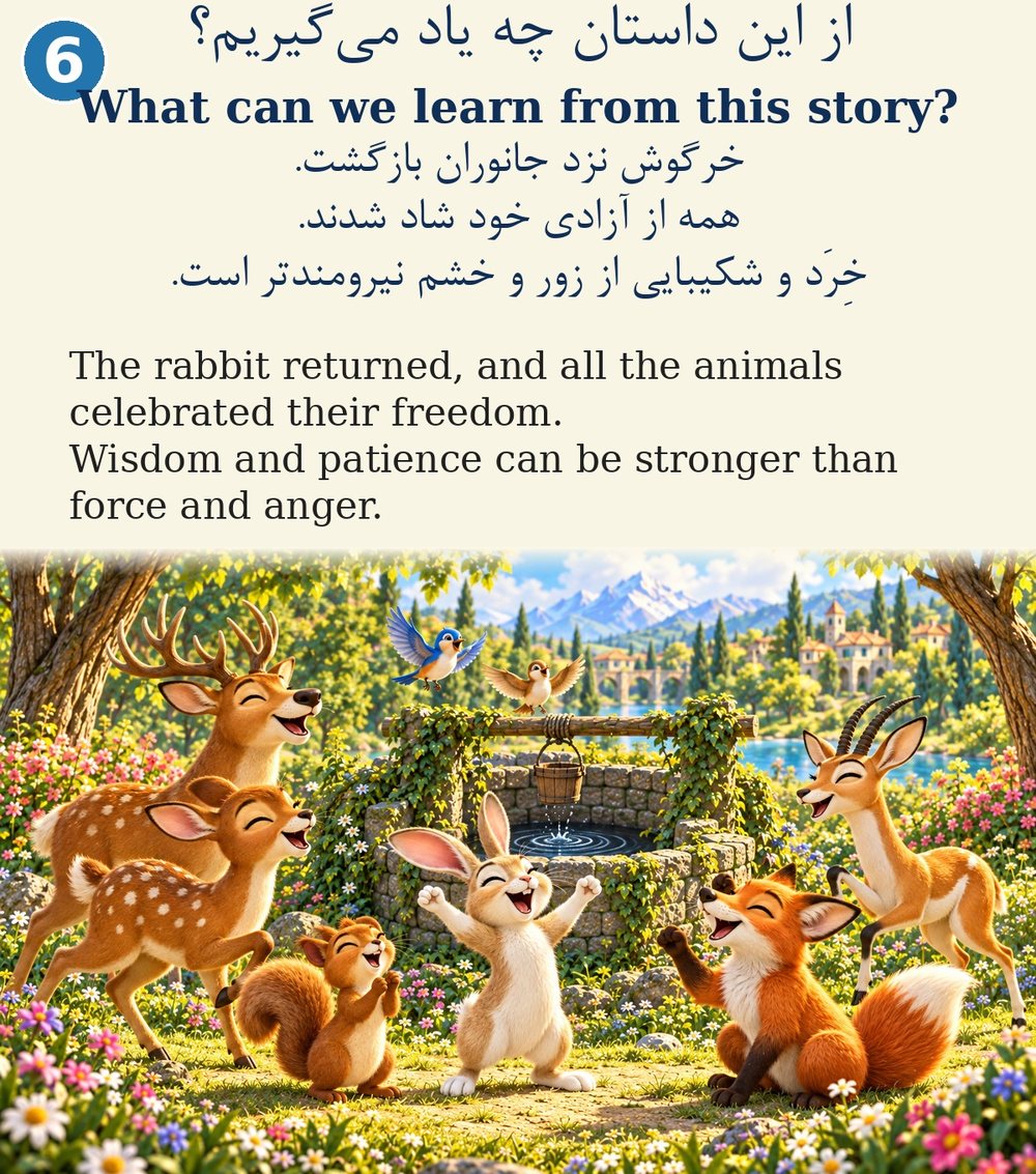 Page 6. What can we learn from this story? The rabbit returned, and all the animals celebrated their freedom. Wisdom and patience can be stronger than force and anger.