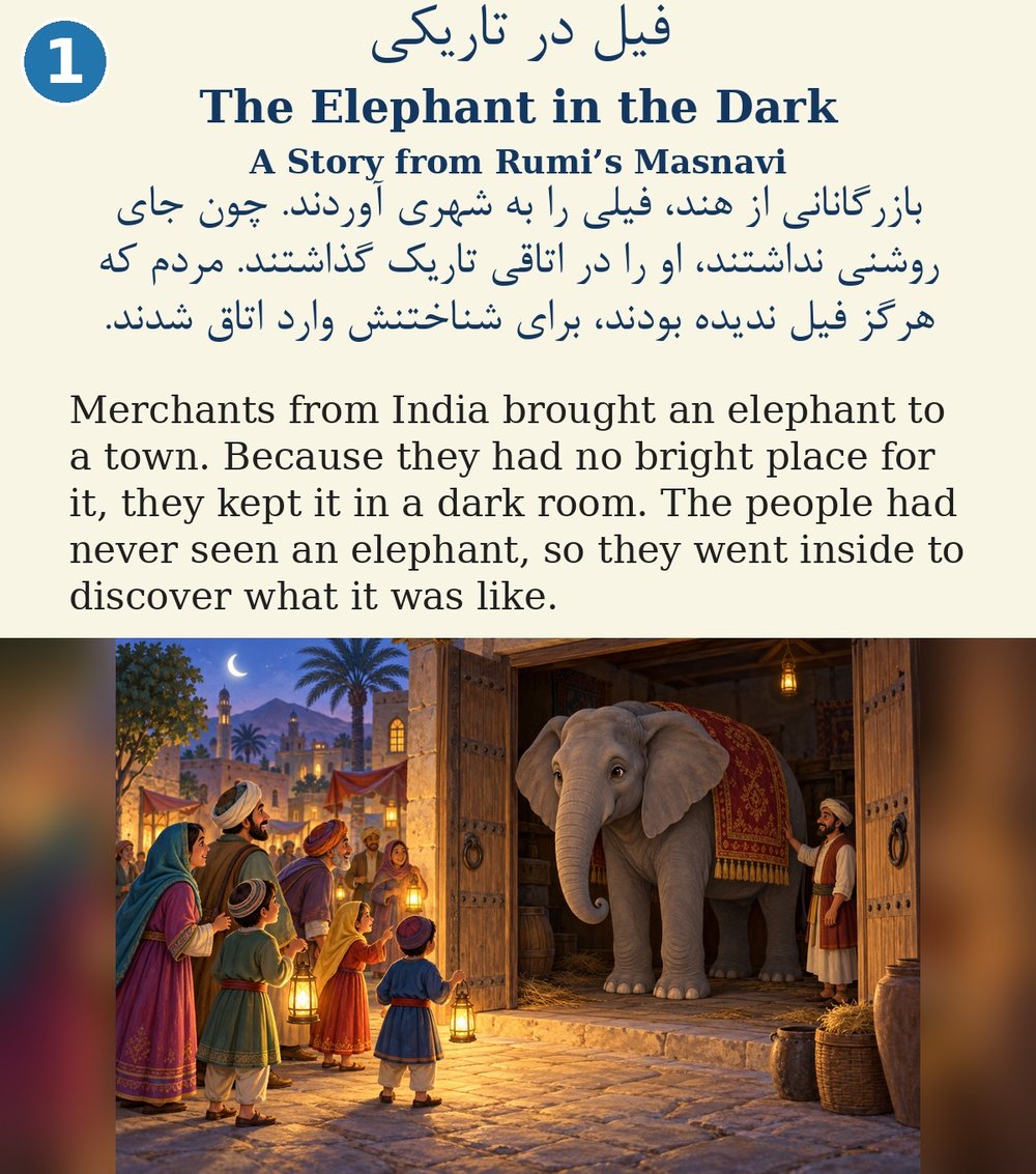 Page 1. Merchants from India brought an elephant to a town. Because they had no bright place for it, they kept it in a dark room. The people had never seen an elephant, so they went inside to discover what it was like.