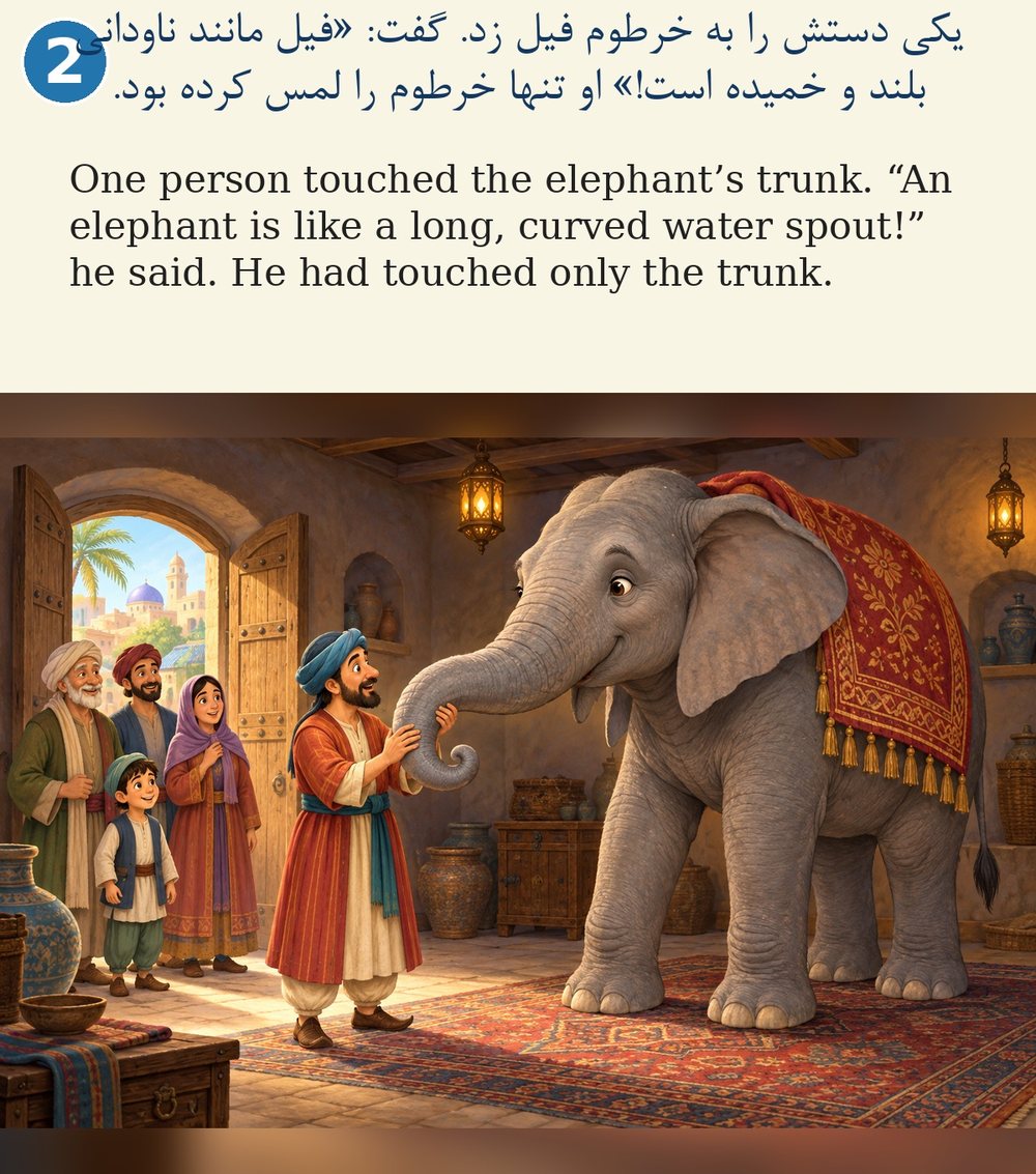 Page 2. One person touched the elephant’s trunk. “An elephant is like a long, curved water spout!” he said. He had touched only the trunk.