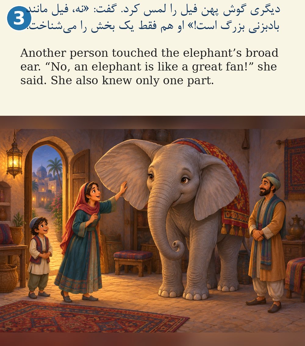 Page 3. Another person touched the elephant’s broad ear. “No, an elephant is like a great fan!” she said. She also knew only one part.