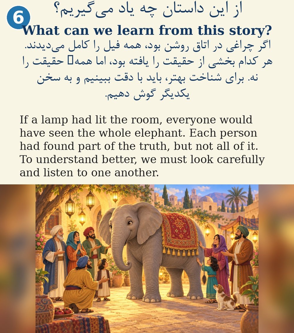 Page 6. If a lamp had lit the room, everyone would have seen the whole elephant. Each person had found part of the truth, but not all of it. To understand better, we must look carefully and listen to one another.