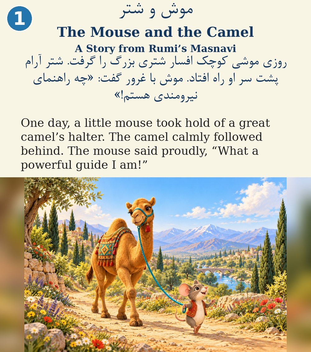 Page 1. One day, a little mouse took hold of a great camel’s halter. The camel calmly followed behind. The mouse said proudly, “What a powerful guide I am!”