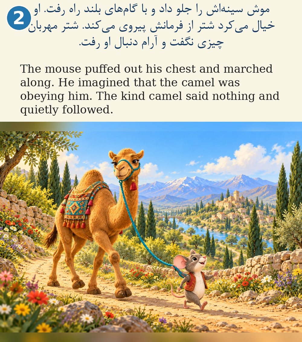 Page 2. The mouse puffed out his chest and marched along. He imagined that the camel was obeying him. The kind camel said nothing and quietly followed.