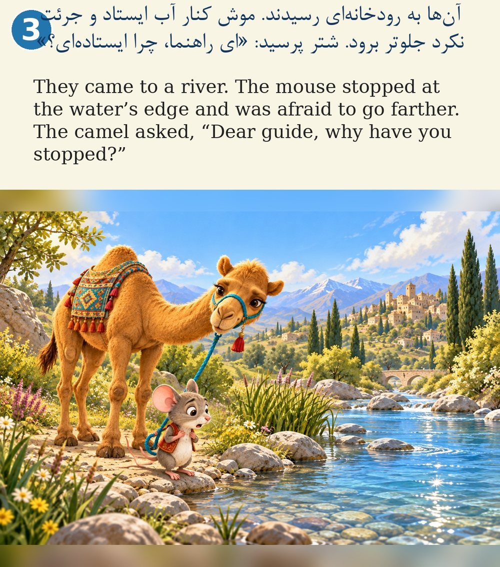 Page 3. They came to a river. The mouse stopped at the water’s edge and was afraid to go farther. The camel asked, “Dear guide, why have you stopped?”