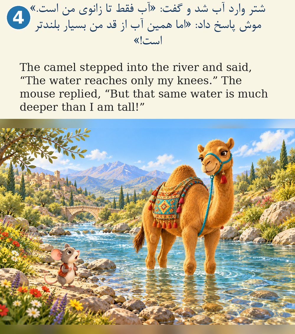 Page 4. The camel stepped into the river and said, “The water reaches only my knees.” The mouse replied, “But that same water is much deeper than I am tall!”