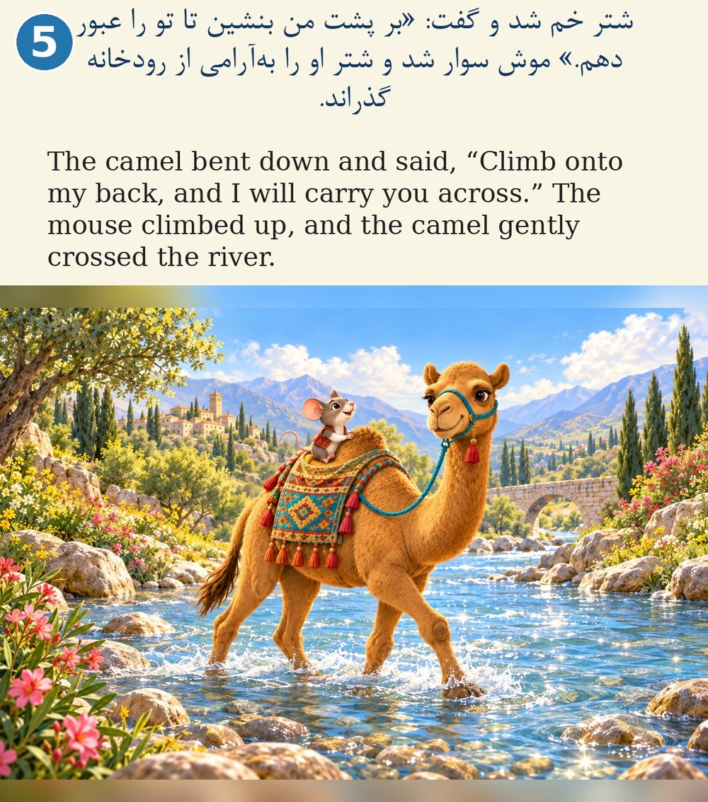 Page 5. The camel bent down and said, “Climb onto my back, and I will carry you across.” The mouse climbed up, and the camel gently crossed the river.