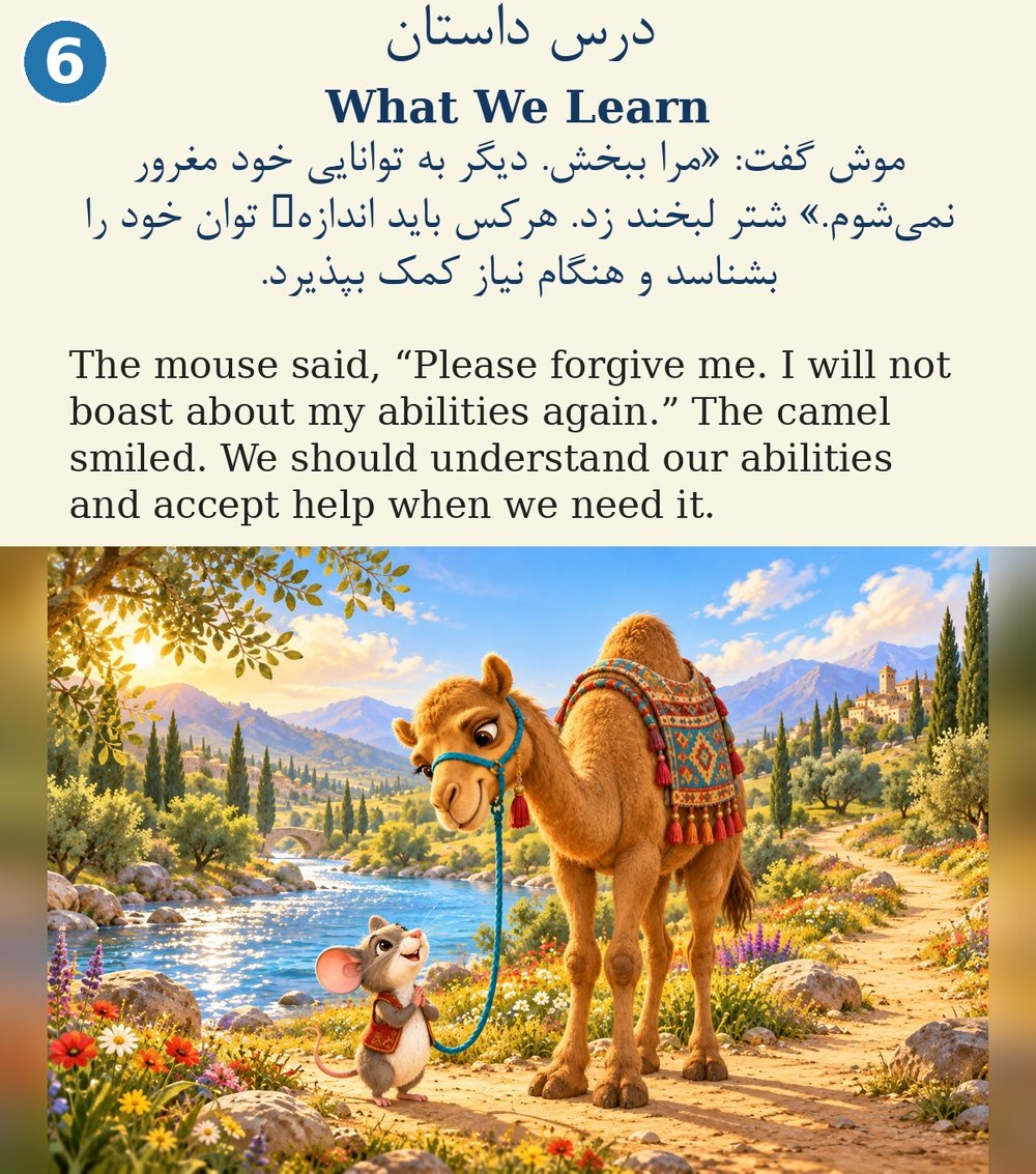 Page 6. The mouse said, “Please forgive me. I will not boast about my abilities again.” The camel smiled. We should understand our abilities and accept help when we need it.