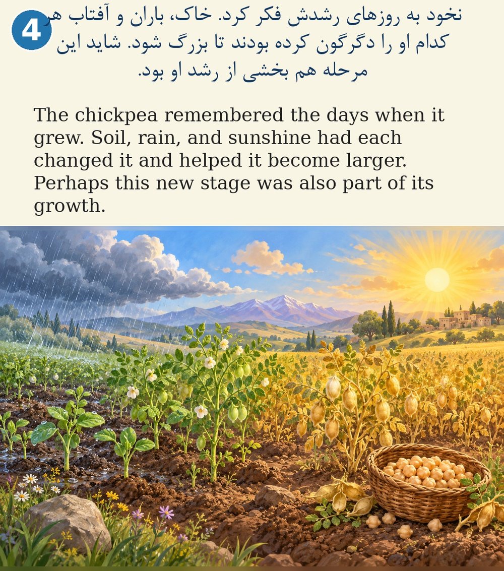 Page 4. The chickpea remembered the days when it grew. Soil, rain, and sunshine had each changed it and helped it become larger. Perhaps this new stage was also part of its growth.