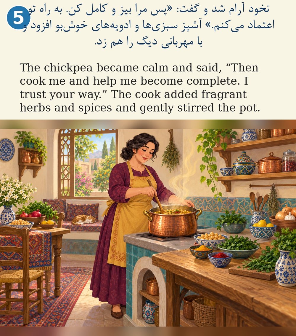 Page 5. The chickpea became calm and said, “Then cook me and help me become complete. I trust your way.” The cook added fragrant herbs and spices and gently stirred the pot.