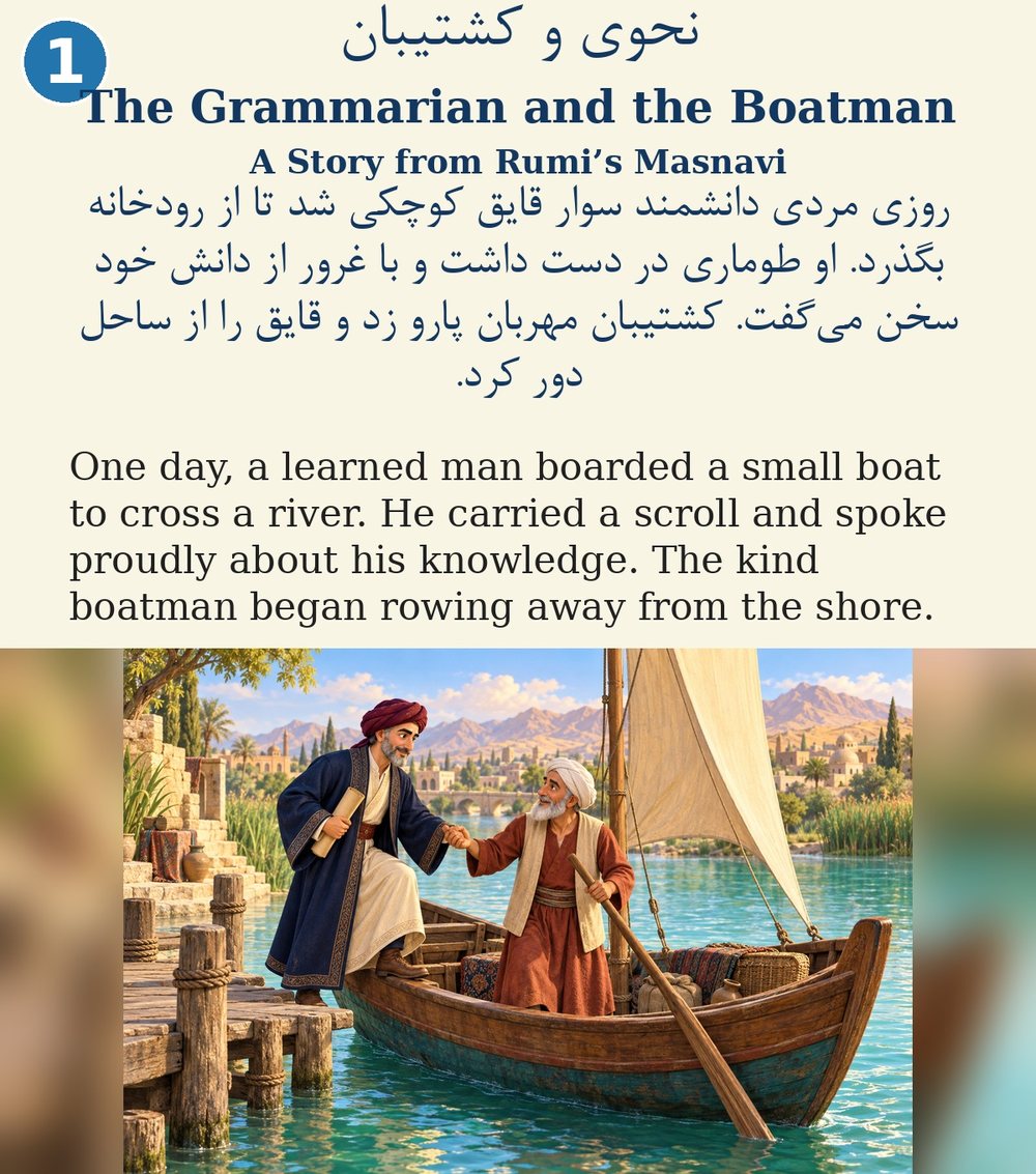 Page 1. One day, a learned man boarded a small boat to cross a river. He carried a scroll and spoke proudly about his knowledge. The kind boatman began rowing away from the shore.
