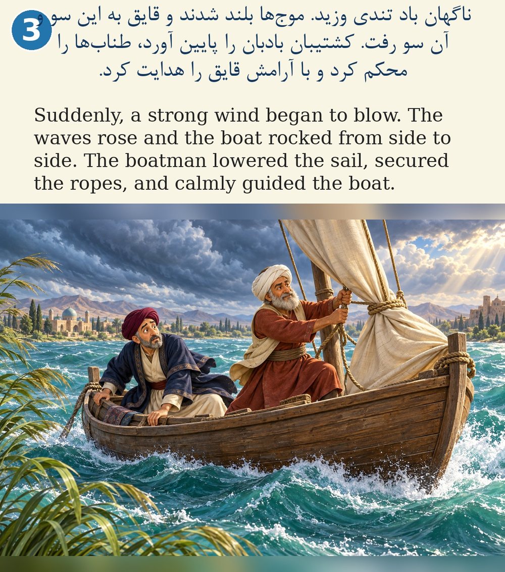 Page 3. Suddenly, a strong wind began to blow. The waves rose and the boat rocked from side to side. The boatman lowered the sail, secured the ropes, and calmly guided the boat.
