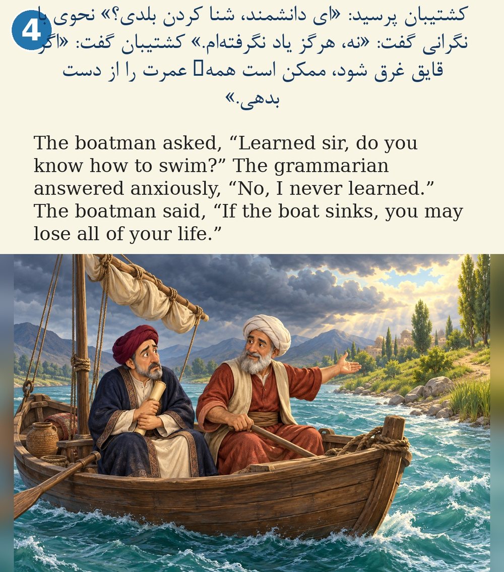 Page 4. The boatman asked, “Learned sir, do you know how to swim?” The grammarian answered anxiously, “No, I never learned.” The boatman said, “If the boat sinks, you may lose all of your life.”