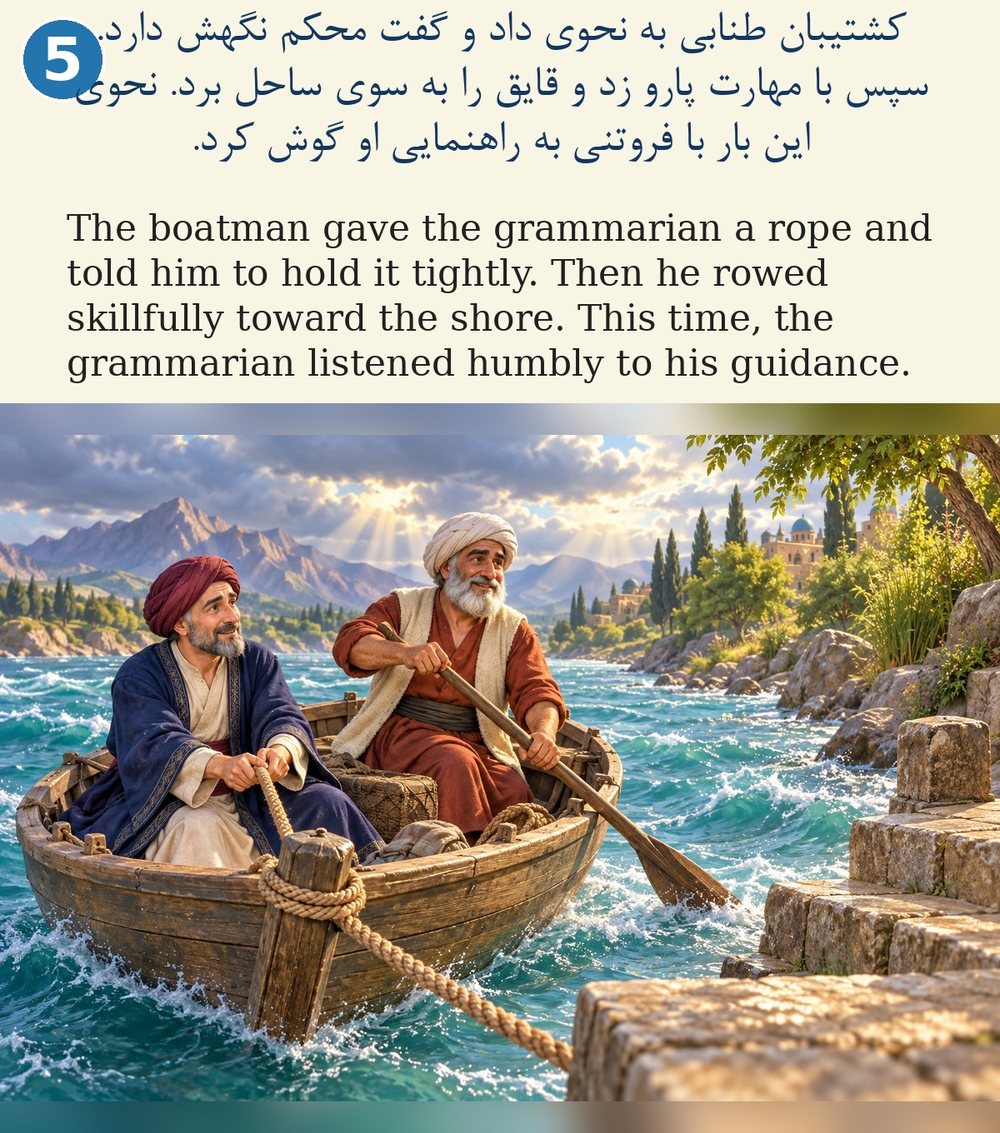 Page 5. The boatman gave the grammarian a rope and told him to hold it tightly. Then he rowed skillfully toward the shore. This time, the grammarian listened humbly to his guidance.