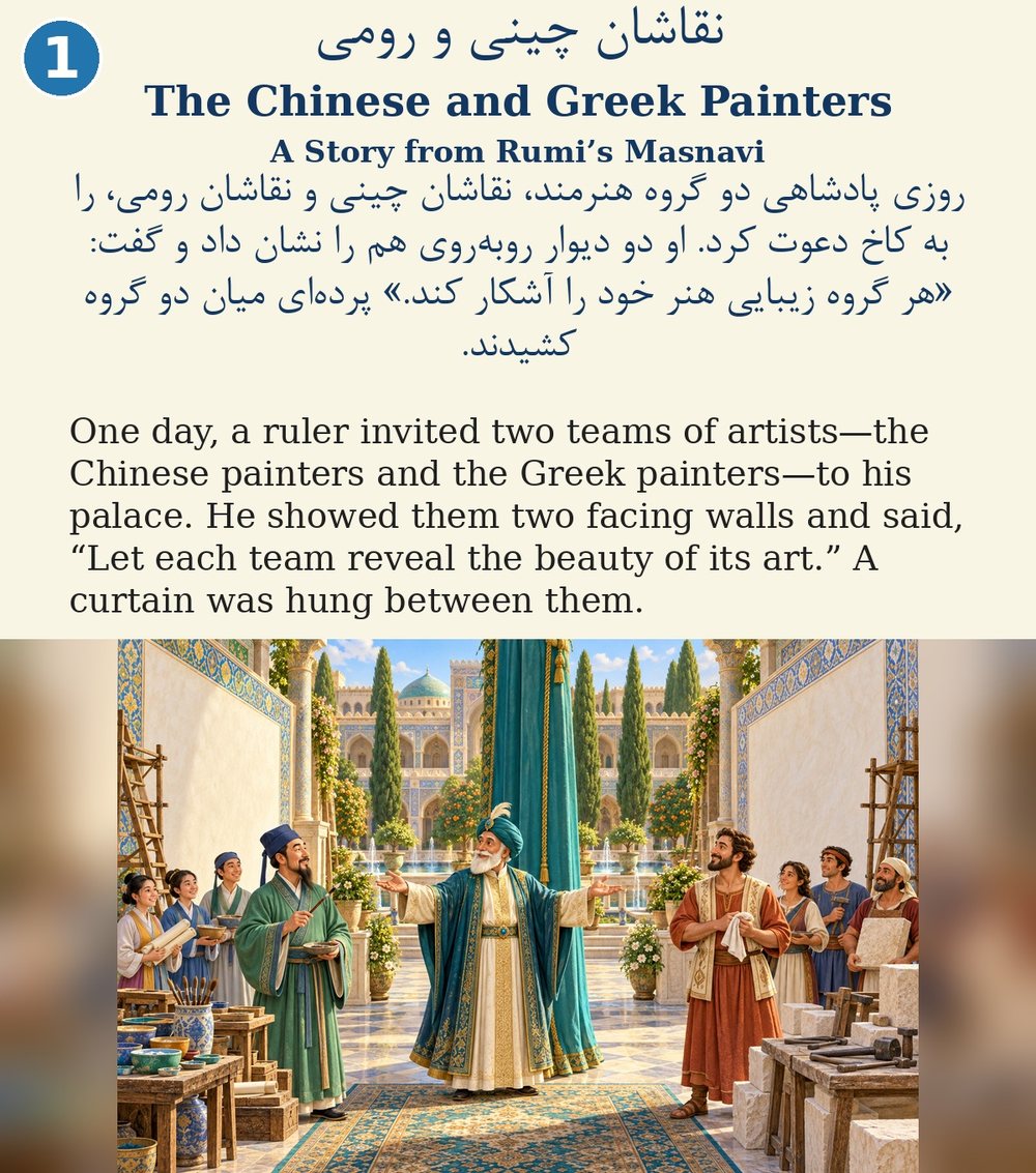 Page 1. One day, a ruler invited two teams of artists—the Chinese painters and the Greek painters—to his palace. He showed them two facing walls and said, “Let each team reveal the beauty of its art.” A curtain was hung between them.