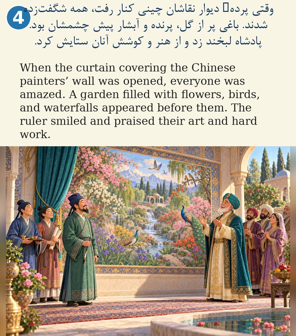 Page 4. When the curtain covering the Chinese painters’ wall was opened, everyone was amazed. A garden filled with flowers, birds, and waterfalls appeared before them. The ruler smiled and praised their art and hard work.