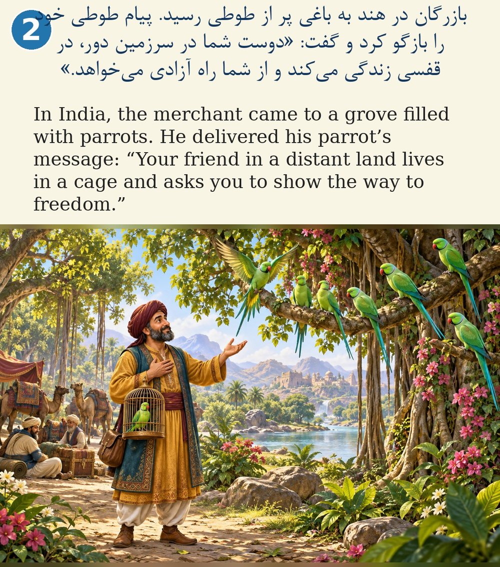 Page 2. In India, the merchant came to a grove filled with parrots. He delivered his parrot’s message: “Your friend in a distant land lives in a cage and asks you to show the way to freedom.”