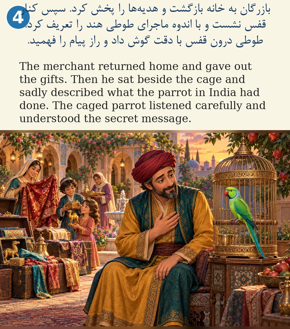 Page 4. The merchant returned home and gave out the gifts. Then he sat beside the cage and sadly described what the parrot in India had done. The caged parrot listened carefully and understood the secret message.