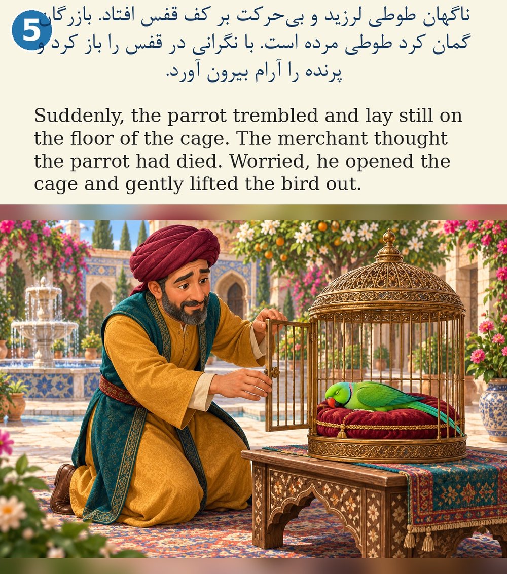 Page 5. Suddenly, the parrot trembled and lay still on the floor of the cage. The merchant thought the parrot had died. Worried, he opened the cage and gently lifted the bird out.