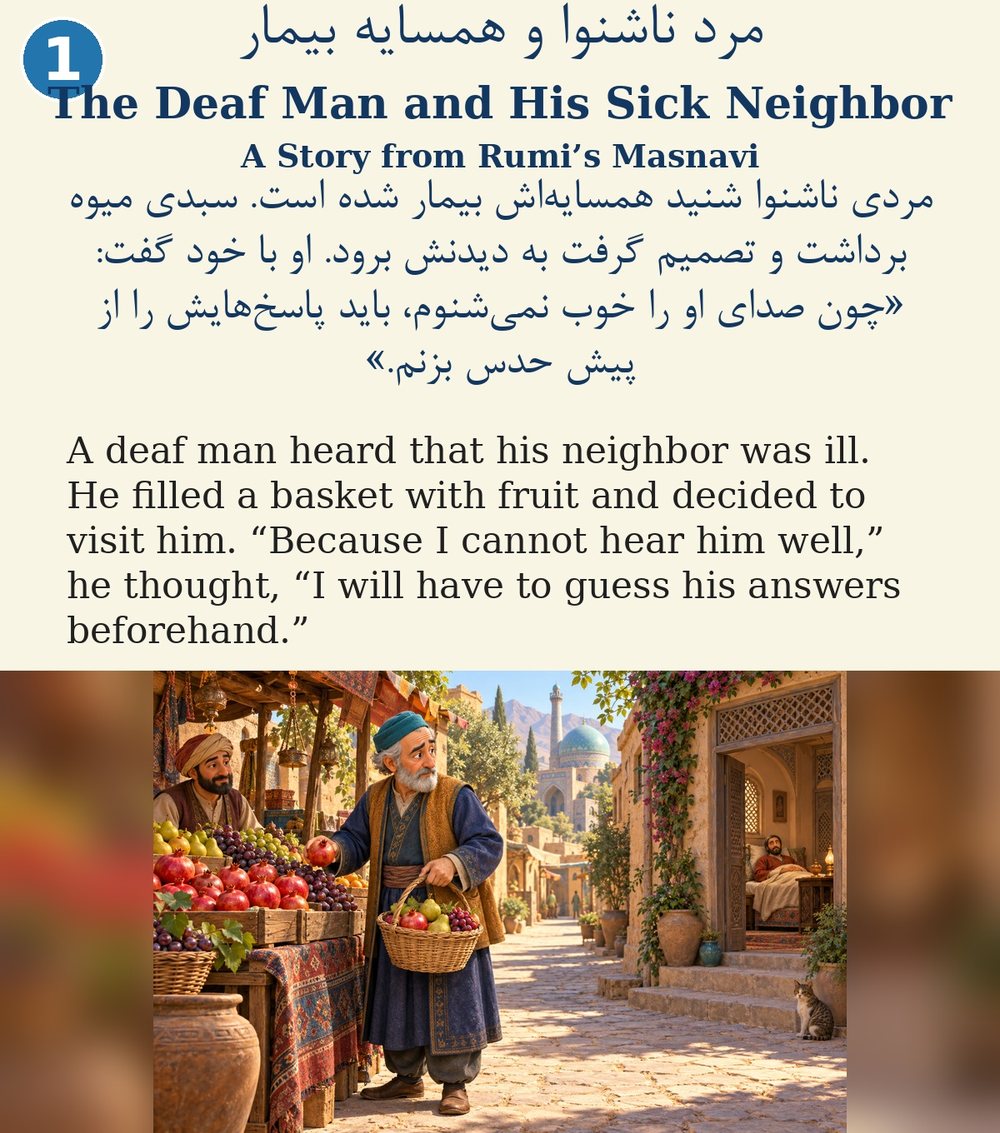 Page 1. A deaf man heard that his neighbor was ill. He filled a basket with fruit and decided to visit him. “Because I cannot hear him well,” he thought, “I will have to guess his answers beforehand.”